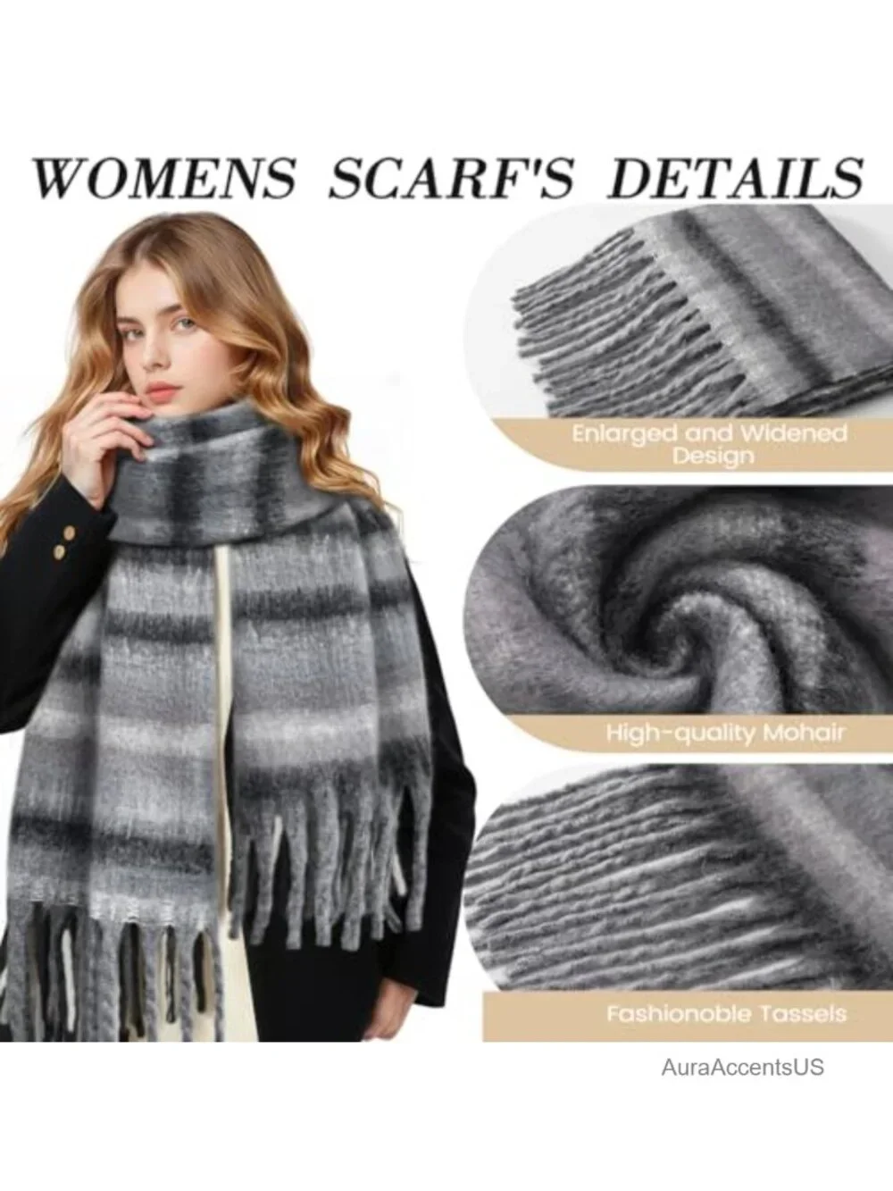 Warm Winter Scarf for Women Oversized Cashmere-Like Wrap with Tassels